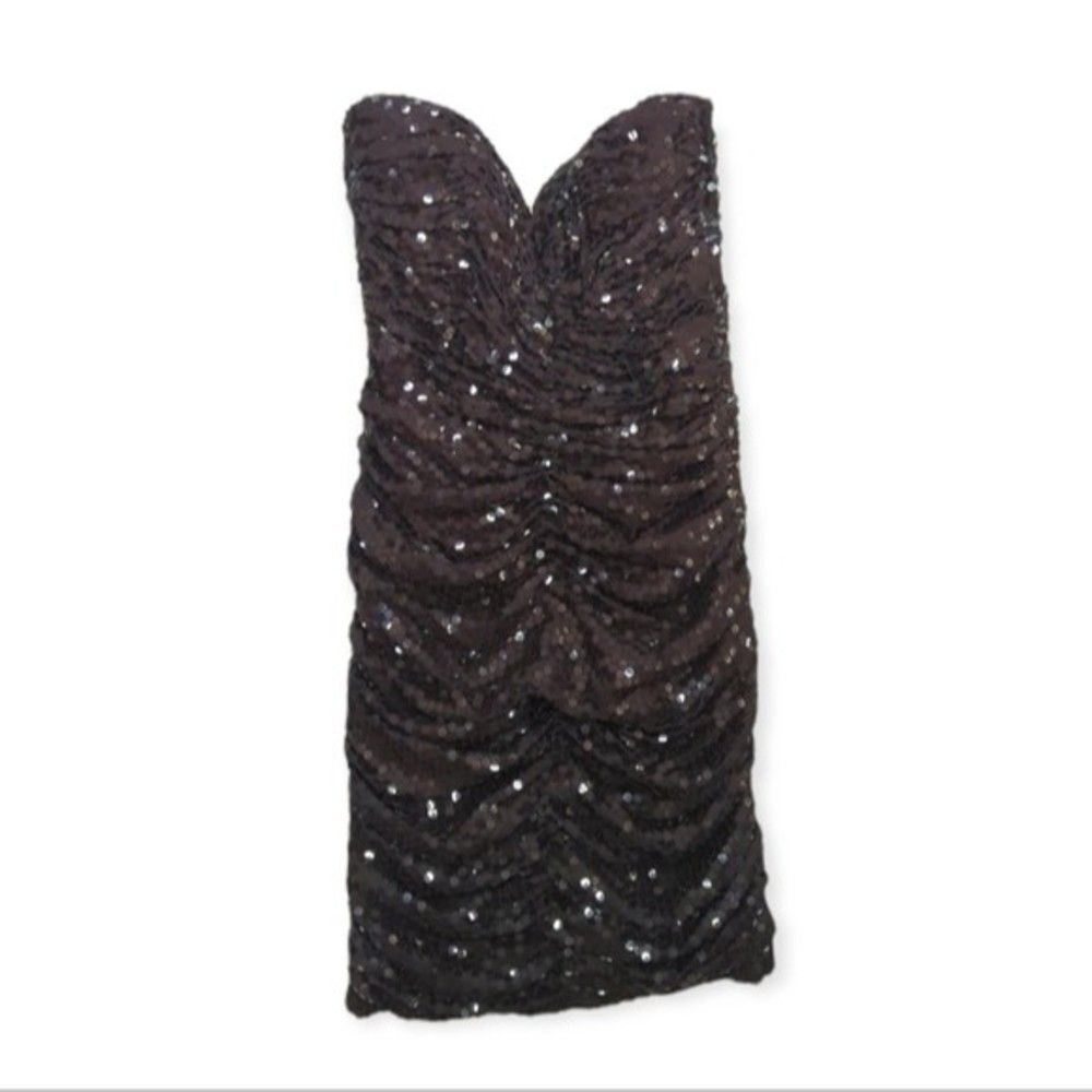 Vintage Vicky Tiel Couture Paris ruched sequin strapless bustier mini dress XS